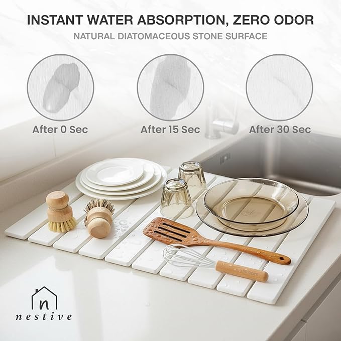 Large Stone Drying Mat for Kitchen Counter | 24"x16" | Fast Drying Collapsible Diatomaceous-Earth Mat | Super Absorbent Folding Mat for Dishes, Bottles, Glass, Heat-Resistant, Non-Slip (White)