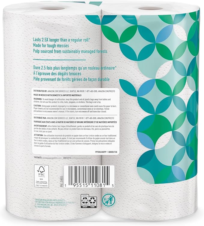 Amazon Brand - Presto! Flex-a-Size Kitchen Paper Towels, 2-Ply, Strong and Absorbent, 128 Sheet Family Roll, 2 Rolls