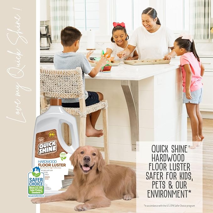 Quick Shine Hardwood Floor Luster-Polish 64oz-2pk Plant-Derived w/Carnauba Safer Choice, No PFAS, pH Neutral Ready to Use Formula w/Anti-Slip Technology Simply Squirt & Spread Made in USA