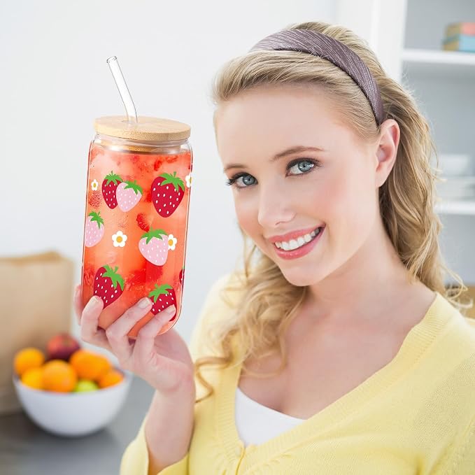 Sliner 2 Pcs Strawberry Glass Cups Summer Drinking Glasses 16 oz Iced Coffee Tumbler with Lid and Straw Summer Gifts Cups Home Office Decorations