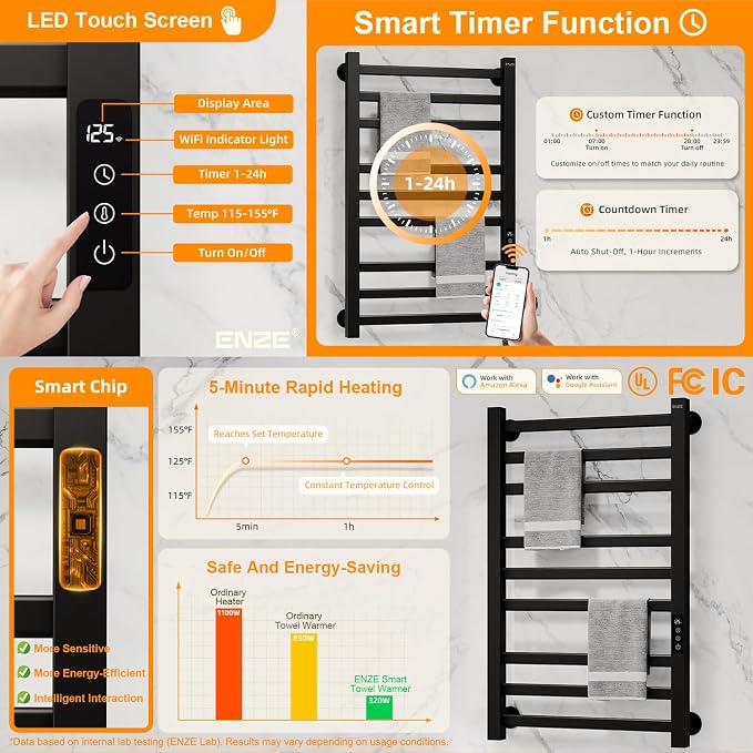 ENZE Smart Heated Towel Rack, 9-Bar Wall-Mounted Electric Towel Warmer 230W, Wi-Fi App Control & LED Touch Screen, Adjustable Temperature & 24H Timer, IPX5, Plug-in/Hardwired, Matte Black