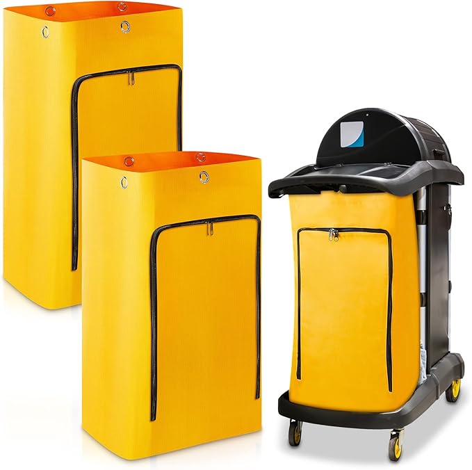 Meanplan 2 Pack Cleaning Cart Bag Zippered Front Replacement Janitorial Cart Thick Bag Large Capacity Commercial Cleaning Bags for Housekeeping Carts, Yellow (26.5 x 15.5 x 10.5 Inch)