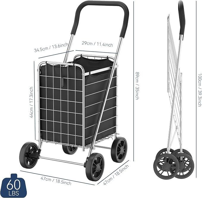Whitmor Foldable Utility Shopping Cart with Wheels, 60Lb Capacity, Heavy Duty Grocery Cart with Steel Frame, Foam Handle, Rolling Utility Cart for Grocery, Laundry, Travel, Sliver/w Liner