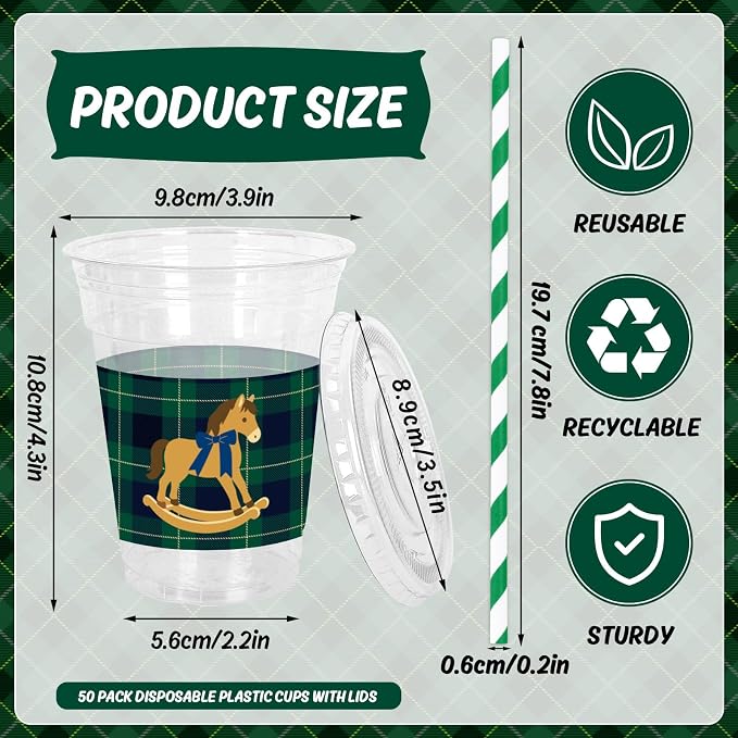 AnyDesign 50Pcs 12Oz Green Blue Tartan Plaid Plastic Cups with Lids and Straws Vintage Preppy Bear Rocking Horse Disposable Cold Drink Cup for We Can Bearly Wait Baby Shower Party Birthday Supplies