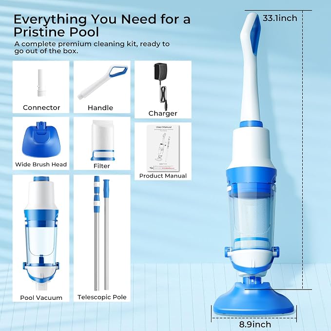 Pool Vacuum for Above Ground Pool, 1427 GPH Powerful Stable Suction, Telescopic Pole up to 90.7", 1H Runtime, Cordless Pool Vacuum for Inground Pools, Extra-Large Filter, Ideal for Leaves/Sand/Debris