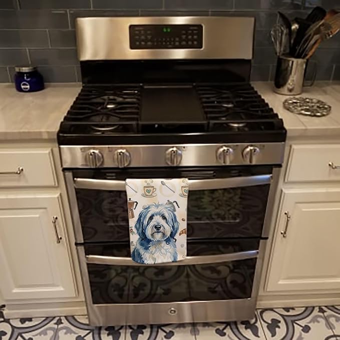 Caroline's Treasures Blue and White Old English Sheepdog Coffee Bar Kitchen Towel Velour Plush Front and Cotton Loop Back Machine Washable