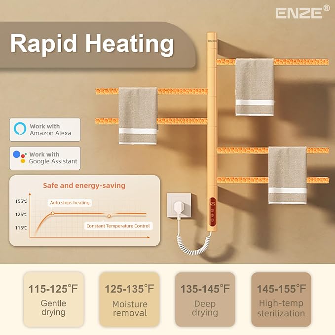 ENZE Smart Rotating Heated Towel Rack, 5-Bar Electric Towel Rack with Swivel Bars, Wi-Fi App Control, 24H Timer, Stainless Steel, IPX5, Hardwired/Plug-in, White