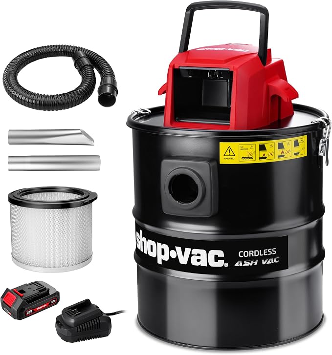 Shop-Vac 5430024 5 Gallon Cordless Ash Vac, 20V Battery, 1.5 in Diameter x 4 Ft Lock-On Hose, Stainless Steel Tank, Includes Blow Feature, Metal Nozzle and Crevice Tool
