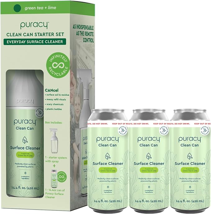Puracy Multi Surface Cleaner Clean Can Bundle - Starter Set and 3 Pack Refill, All Purpose Cleaning Spray, Multipurpose Cleaner, Kitchen Counter Cleaner Spray - Green Tea & Lime
