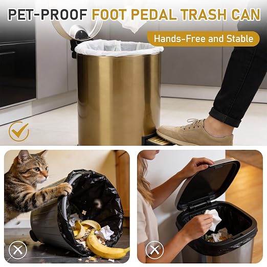 SIMPLYKLEEN Bathroom Trash Can with Lid - 2PC 1.3 Gallon Oval Small Trash Can with Soft-Close Lid, Foot Pedal, Brushed Stainless Steel, Removable Liner, Garbage can for Kitchen, Office (Gold+ Silver)