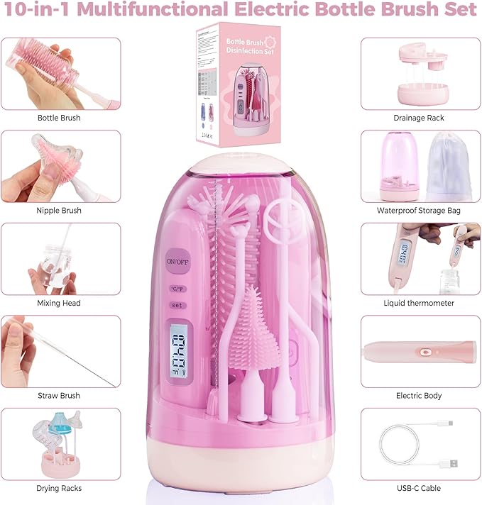 Electric Bottle Brush Cleaner,Rechargable Electric Baby Bottle Brush Cleaner with Thermometer,Silicone Bottle/Nipple/Straw Brush,Drying Rack,Travel Bottle Cleaner Kit for New Moms (Pink)