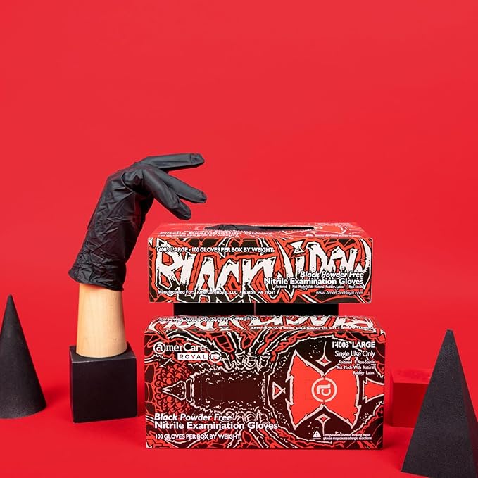 AmerCare Black Widow Powder Free Nitrile Gloves, Large, Black, Case of 1000