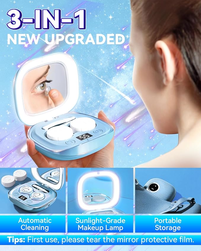 2025 Upgraded Ultrasonic Contact Lens Cleaner【50KHz Germany Super Motor】【Top1 Intelligent Chip-Smart Modes】【Rechargeable】 Gentle Cleaning & 99% Brightness, Portable Soft Contact Lens Tools (Blue)