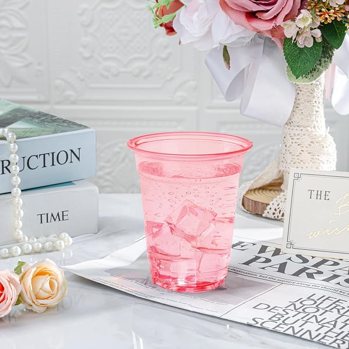 50 Pack Pink Clear Plastic Cups 12 oz Disposable Drinking Cups for Wedding Pink Birthday Party Supplies