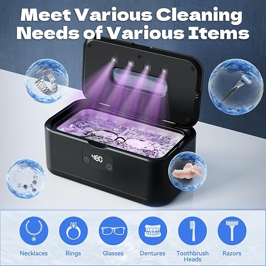 Ultrasonic Jewelry Cleaner, 50Khz Jewelry Cleaner Ultrasonic Machine for Jewelry, Eyeglasses, Rings, Watch Strap, Dentures, 24oz - 304 Stainless Steel Tank, Digital Timer, 5 Cleaning Modes