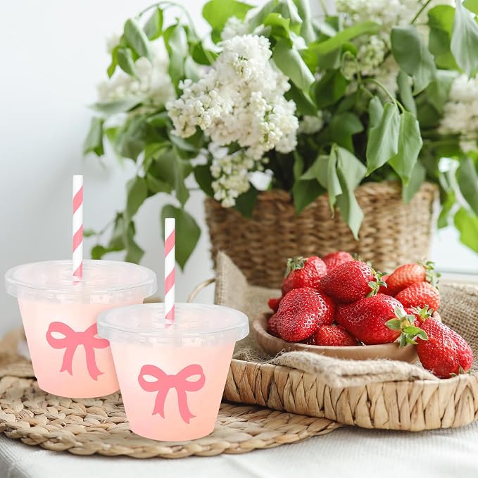 Whaline 100 Pcs Pink Bow Disposable Plastic Cups with Lids and Straws 9 Oz Coquette Bow Knot Cold Beverage Drinking Cup for Wedding Birthday Bridal Baby Shower Party Supplies