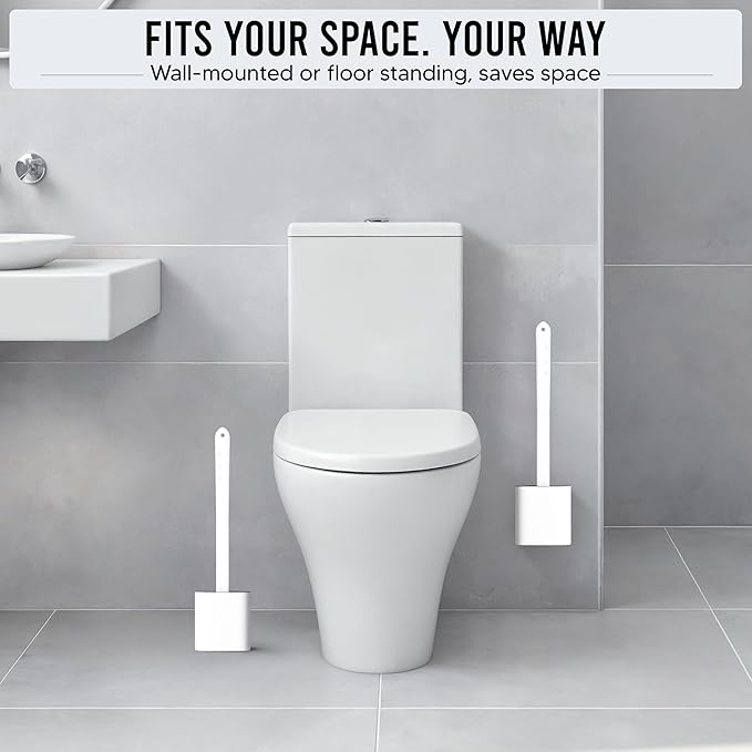 Silicone Toilet Brush and Holder Set – Pack of 2 Wall Mounted Toilet Scrubber Brush White – Long Non-Slip Handle, Modern Design, Flexible Bristles for Easy Cleaning
