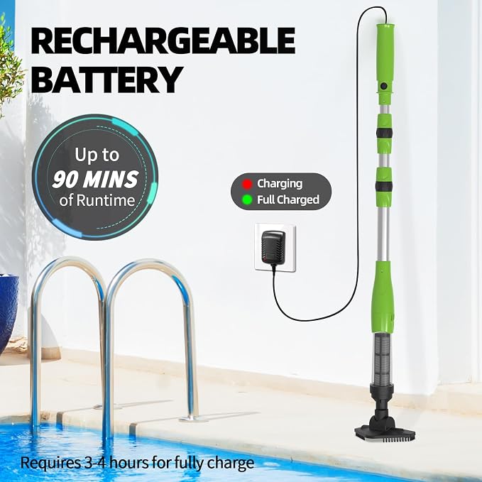 Cordless Rechargeable Pool Vacuum, Handheld Pool Cleaner with Telescopic Pole for Hot Tubs, Spas, Above Ground and Inground Pools Cleaning for Sand and Debris, Green