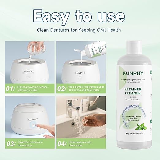 kunphy Ultrasonic Retainer Cleaner Solution Concentrate - 2 Pack Value Bundle, Professional Cleaning for Retainers, Dentures, Invisible Aligners, Mouth Guards, Removes Odors & Stains, 16 oz (Mint)