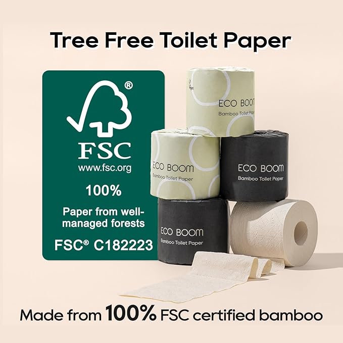 ECO BOOM Unbleached Bamboo Toilet Paper, 100% Tree-Free & Plastic-Free Packaging, 24 Mega Rolls, 360 Sheets & 3-Ply | PFAS Free, BPA Free, Septic Safe & FSC Certified