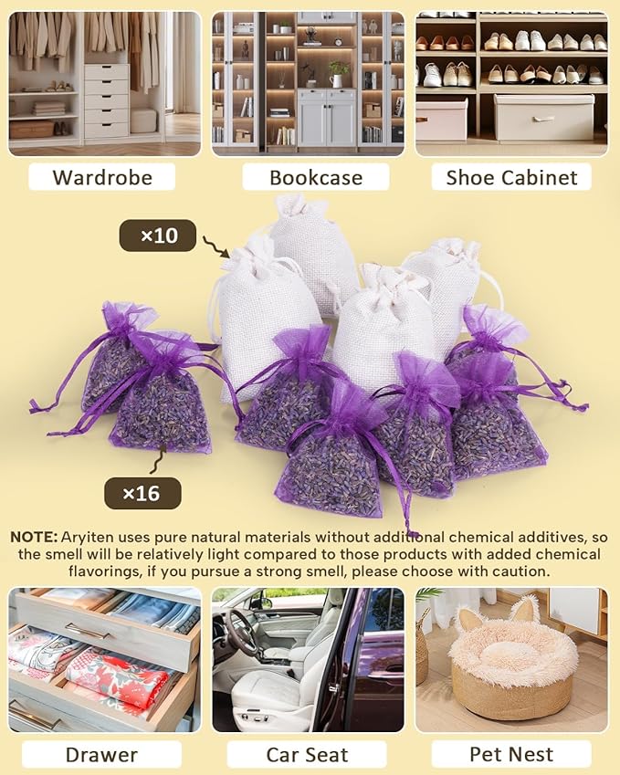 26 Pack Cedar and Lavendar Home Fragrance for Drawers and Closets - Stop Clothes Damage, Cedar Chips and Natural Dried Lavender Sachets Bags