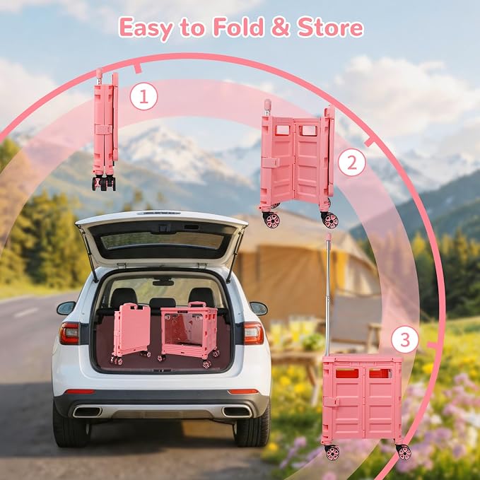 FELICON SELORSS Folding Utility Cart Portable Rolling Crate Handcart on Rotate Wheels with Magnetic Sliding Lid Telescoping Handle Lockable Transparent Front Panel for Travel Shop Office Teacher(Pink)