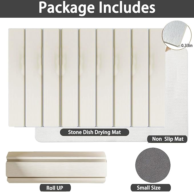 Stone dish drying mats for kitchen counter ，large 23.6"L x 15.4"W foldable diatomite dish stone drying mat, quick dry extra fast absorbent roll up rack, White/Black foldable stone dish drying mat
