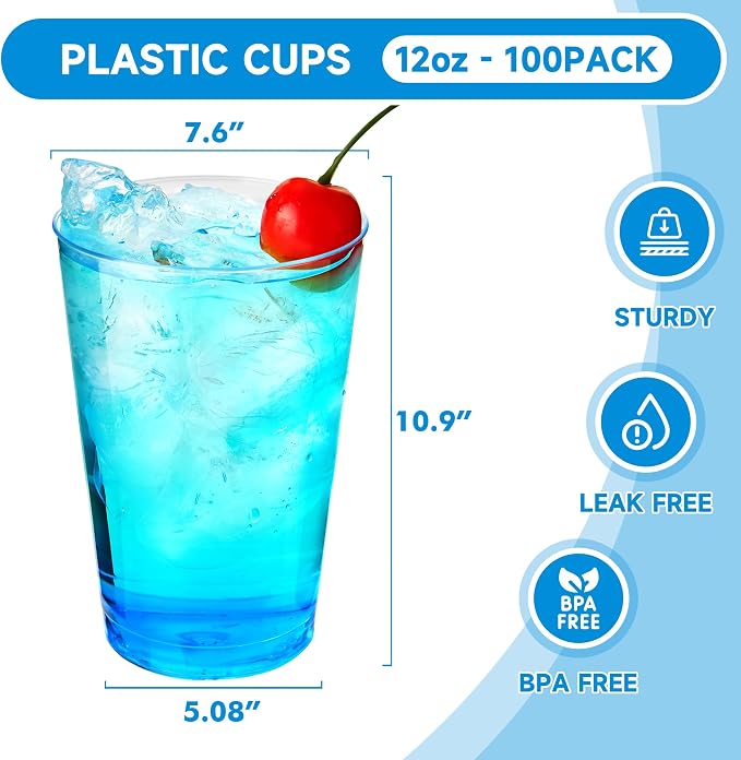 RACETOP 12 oz 100 Pack Disposable Plastic Cups, Disposable Clear Plastic Cups for Parties, Weddings, Gatherings, and Festival Events