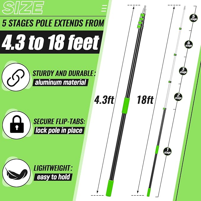 4.3-18ft Long Christmas Light Hanger Pole with Utility Hook, Telescopic Extension Pole Multi-Purpose for Christmas String Lights Installation Painting Cleaning Without Ladder (Green)
