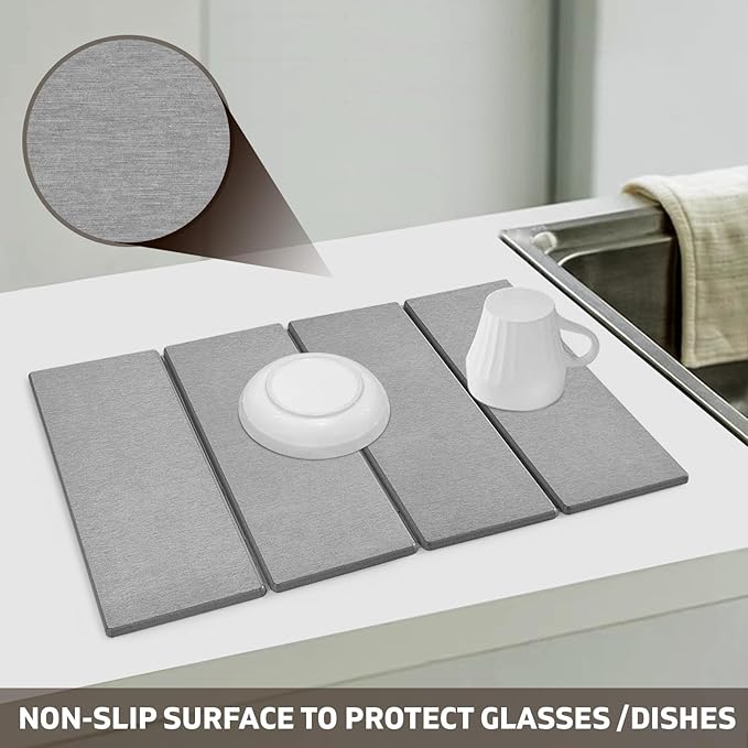 Large Stone Dish Drying Mat for Kitchen Counter, Dish Drying Mat, Fast Water-Absorbing, Diatomaceous Earth Non-Slip Stone Mat, Multi-Purpose Foldable Dish Drying Stone Mat, 24"(L)×16"(W)