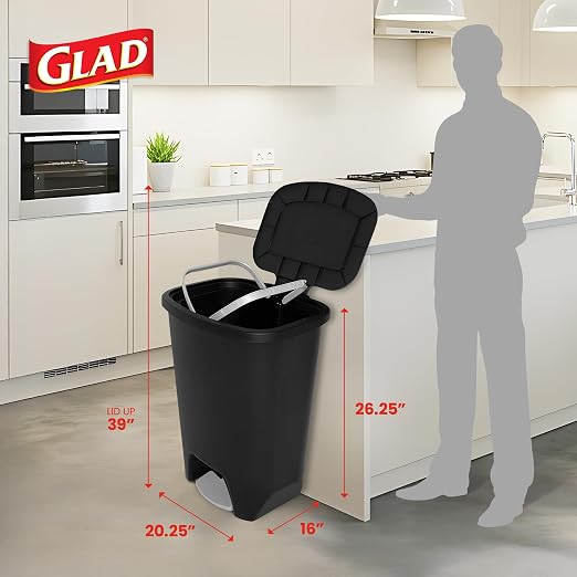 Glad 20 Gallon Trash Can with Clorox Odor Protection | Plastic Kitchen Waste Bin | Hands Free with Step On Foot Pedal and Garbage Bag Rings, Black