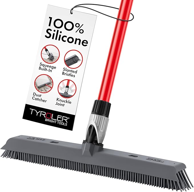 Tyroler 2-in-1 Silicone Broom & Floor Squeegee | 100% Silicone Head 16.1" | Anti-Rust 4-Piece Handle | Perfect Pet Hair Removal Rubber broom for Patio, Floors, Rugs, Carpet Rake, Decks, Indoor/Outdoor
