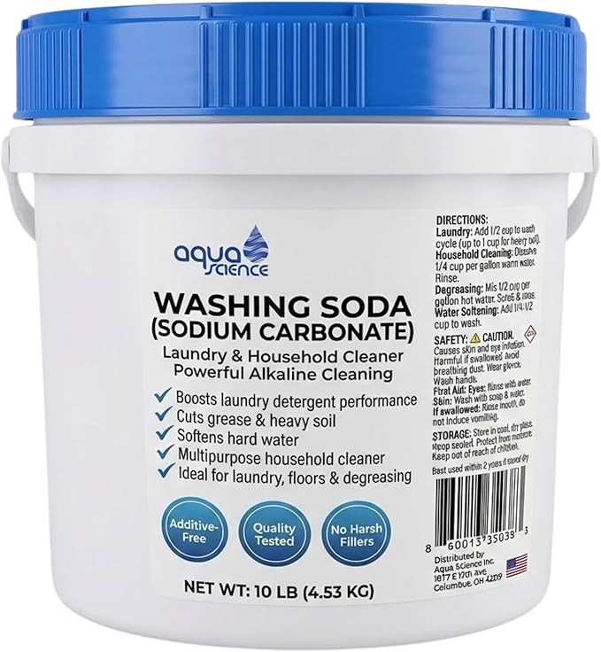 Aqua Science Bulk Washing Soda 10 lbs – Pure Sodium Carbonate Soda Ash – Non-Toxic Laundry Booster & Multi-Purpose Cleaner – No Fillers, Unscented, Made in USA – Easy-Open Screw Lid Bulk Container