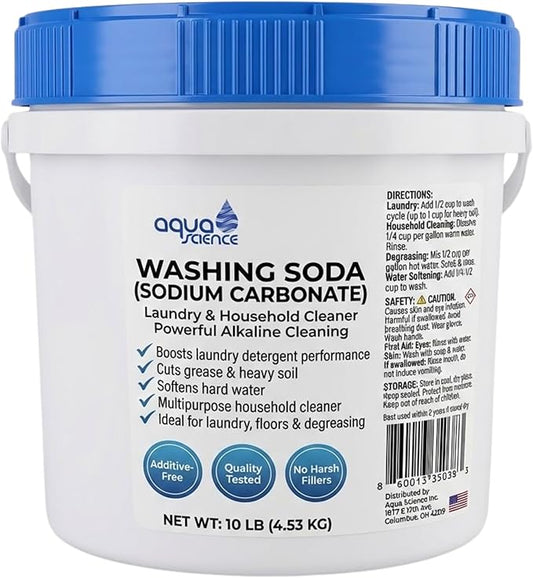 Aqua Science Bulk Washing Soda 10 lbs – Pure Sodium Carbonate Soda Ash – Non-Toxic Laundry Booster & Multi-Purpose Cleaner – No Fillers, Unscented, Made in USA – Easy-Open Screw Lid Bulk Container
