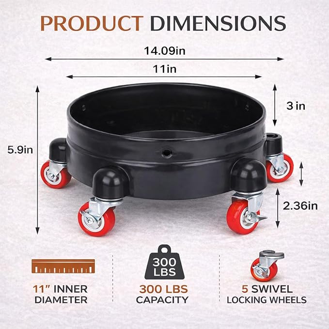 11.5" Rolling Bucket Dolly for 5 Gallon Bucket, Heavy-Duty Bucket Wheels Base with 5 Swivel Casters, Easy Assembly Bucket Cart for Car Wash, Cleaning, Construction & Garage Use, Black