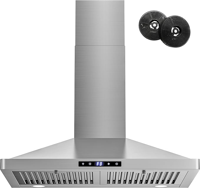 FIREGAS Range Hood 30 inch Wall Mount,450 CFM Ducted/Ductless Range Hood with Stainless Steel,Stove Hood Vent for Kitchen with 3 Speed Fan,Permanent Filters,Led Lights,Digital Touch,Charcoal Filter