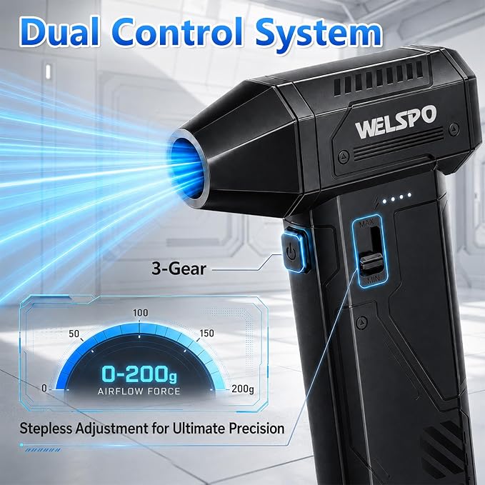 Welspo Compressed Air Duster 260000RPM Super Power Electric Air Duster Rechargeable, 3-Gear Adjustable Blower with Brushless Motor, Cordless Dust Blower for Keyboard, PC, Car, Home & Outdoor Use