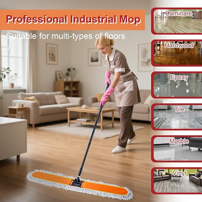 48" Commercial Dust Mops for Floor Cleaning, Heavy Duty Floor Duster with 60" Long Handle, Industrial Wet Dry Sweeper Mop with 2 Reusable Mop Pads for Janitor Indoor Warehouse Gym Hotel Clean
