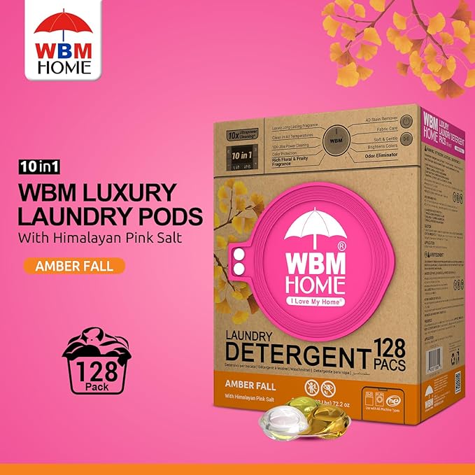 WBM Home Laundry Detergent Pods, Total 128 Count | Amber Fall Fragrance | 10 in 1 Laundry pods Detergent Ultra Power Cleaning with Plant-Based Scent, Extra Protection With 4D Stain Remover