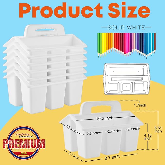 ALINK Classroom Caddy Storage Basket with Handle, 6 Pack Plastic Arts Office Crafts Caddy 4 Compartments for Kids, Pencil, Crayon, Marker, School Supplies - White