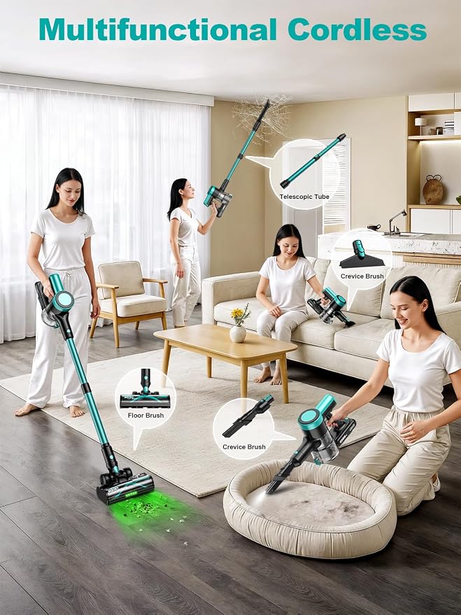 Cordless Vacuum Cleaner, 58Kpa 10 in 1 Vacuum Cleaners for Home, 55Mins Stick Vacuum with Self-Standing & LED Display, Anti-Tangle & Wall Mount Charging (Cyan)