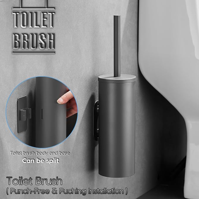 Toilet Brush and Holder Set Grey | Dual-purpose holder, Wall-mounted installation, Surface-mounted installation
