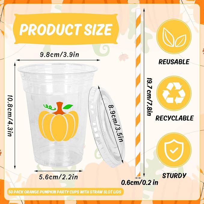 Whaline 50 Pcs Fall Disposable Plastic Cups with Lids and Straws Thanksgiving Party Cups 12oz Orange Pumpkin Cold Beverage Drinking Cup for Harvest Party Autumn Supplies