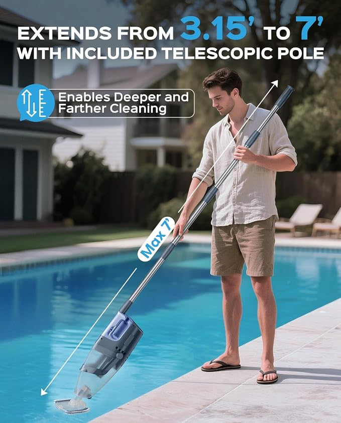 Cordless Handheld Pool Vacuum Cleaner with Telescopic Pole, 26.5 GPM Powerful Suction, Longer 1H Runtime, Portable Pool Vacuums for Above Ground/Inground Pools, Hot Tubs, Spas, Titanium Blue