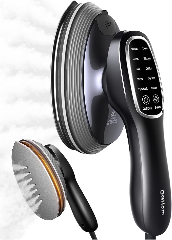 OGHom 2-in-1 Steamer & Iron for Clothes, 120V Handheld Clothes Steamer Iron, 1200W Fast Heat in 20s, Quick Wrinkle Removal 10 Adjustable Levels for Delicate to Thick Fabrics - Black