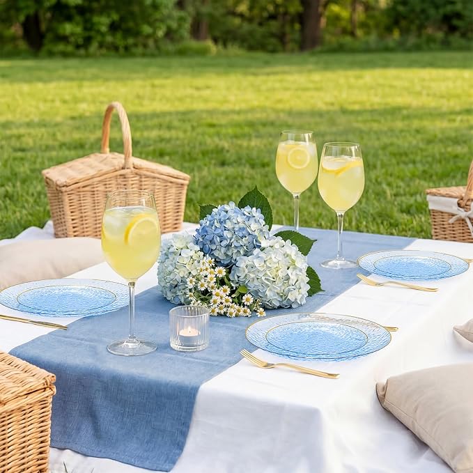 DaYammi 240Pcs Blue Dessert Plates Set Including 120Pcs Blue Cake Plates and 120Pcs Gold Forks,Hammered Party Plate,Gold Rim Appetizer plates Heavy duty Disposable Plastic Plate for Wedding Birthday
