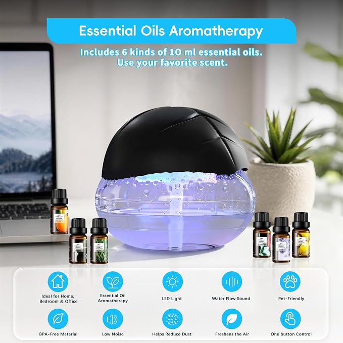 Water Based Air Purifier with Essential Oil Diffuser Pack, Air Washer with 7 Color LED Night Light, Air Revitalizer Includes 6x10ml Essential Oil Aroma Diffuser for Home, Office, Pet