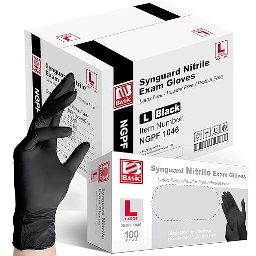 Intco Basic Medical Black Nitrile Exam Gloves 4.5 Mil - Latex-Free & Powder-Free - NGPF 1046 (Case of 1,000), Large