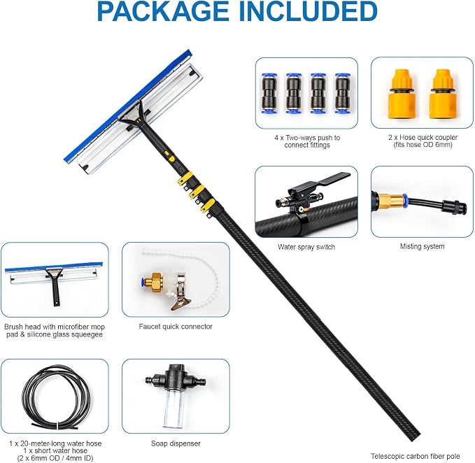 HIBLE 18 Feet High Reach Window Squeegee Carbon Fiber Pole for Window Washing, Cleaning Tool kit with Telescopic Pole, Brush, Soap Dispenser, Water Hose, Faucet Quick Connector
