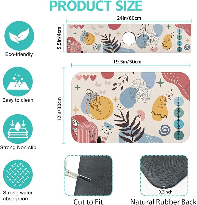 Dish Drying Mat for Kitchen Counter Matt, 2PCS 19"x12" Dish Drainer Mat & 24"x5.5" Sink Splash Guard, Super Absorbent Non-slip Rubber Backed